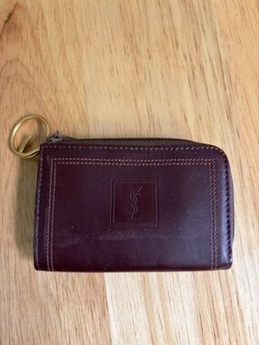 Yves Saint Laurent Deep Burgundy Leather Zip Key Card Wallet with Gold Ring